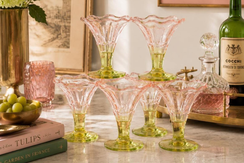 Vintage colored glass coupes with pink bowls and green stems