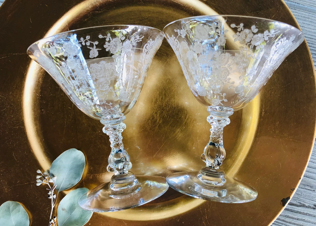 Vintage etched crystal coupe glasses with floral designs